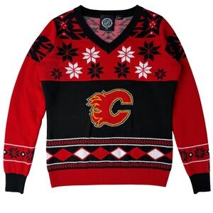 Calgary‎ Flames NHL Ugly Christmas Sweater V-Neck Knit Red Black Unisex Large
